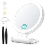 Magnifying Mirror with Light,20X/1X Double Sided Tabletop Portable Lighted Makeup Beauty Mirror, 3 Color Lighting, Dimmable Touch Screen,Cosmetic Mirror with Lights for Makeup/Travel