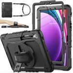 SEYMAC stock Case with Screen Protector Pencil Holder [360 Rotating Hand Strap] &Stand, Drop-Proof Case for Galaxy Tab S9 11''/ S9 FE 10.9'', Black