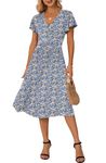 GRECERELLE Womens Summer Wrap Dress Ladies Casual Ruffle Short Sleeve V-Neck Floral Beach Dresses for Women (Orange Blue Flower, M)