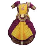 Mudra Dance Costumes Classical Bharatnatyam Readymade 38 Inch Purple and Yellow Silk Cloth Women and Kids Dress for Fancy Dress, Costume Competitions, School Dance Events, Annual Functions