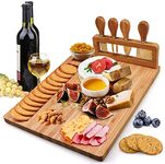 Hossejoy Bamboo Cheese Board Set, Charcuterie Platter and Serving Meat Board Including 4 Stainless Steel Knife and Serving Utensils, Unique Gifts for Christmas Wedding Birthday Anniversary(14''x11'')