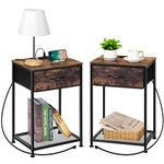 smusei Nightstands Set of 2 End Tables Bedroom Set of 2 Farmhouse Side Table with Fabric Drawer Industrial Bedside Table with Charging Station for Living Room Guest Room, Rustic Brown