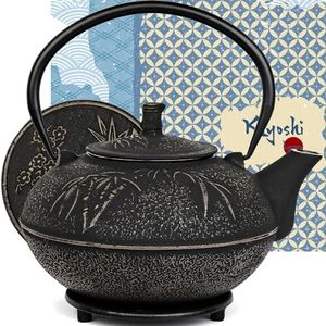 XXL Japanese Cast Iron Teapot with Infuser & Matching Trivet - Large 85 Oz/2500ml Tetsubin Loose Leaf Tea Pot with Enamel Interior - Handcrafted Big Cast Iron Tea Kettle Humidifier Set - Black