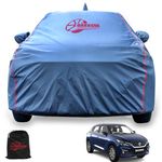 GARREGE Baleno Car Cover All Model Waterproof Weather, Outdoor Full Rain Sun Uv Protection With Inner Side Ultra Soft Cotton 4 Layers Blue And Red Piping Mirror Anteena Packet, For