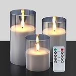 Silver Grey Glass Flameless Flickering Candles, Flameless Candles with Remote, Realistic Warm Light LED Candles Set of 3, Battery Operated LED Flameless Candles for Party Wedding Festival Decoration