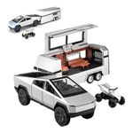 Cocoblinc 1 24 Tesla Pickup Rv (with Alloy Motorcycle) Model Sports Car Alloy Metal Pull Back Diecast Metal Toy Car with Openable Doors & Light Music Toys for Kids (Silver)