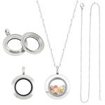 UNICRAFTALE About 2pcs Stainless Steel Floating Locket Pendants Crystal Double Sided Frame Memory Locket Charm Glass Container Memory Flat Round Charm with 450mm Necklace for Jewelry Making, Stainless