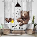 Bear Shower Curtain Funny Brown Get Naked Wild Animal Take Shower in Bathtub Wildlife Bubbles Duck Country Bathroom Nature 60Wx72L Inches Bath Accessories Art Home Decor Fabric 12 Pack Hooks