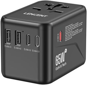 LENCENT Universal Travel Adapter, GaN III 65W International Charger with 2 USB Ports & 3 USB-C PD Fast Charging Adaptor, Worldwide Wall Charger for iPhone, Laptop, USA/UK/EU/AUS, (Black)