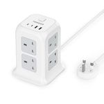 TESSAN Tower Extension Lead 4 USB Slots (2 USB C), Extension Lead 13A 3250W, 8 Way Multi Plug Socket Power Strip with Switch, Multiplug Adaptor with 2M Cable for Home, Office, School