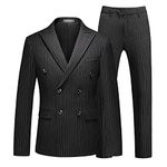 MOGU Mens Suits 3 Piece Double Breasted Suit Pinstripe Slim Fit Tuxedo Jacket Vest Pants for Business Wedding Prom, Black, 38