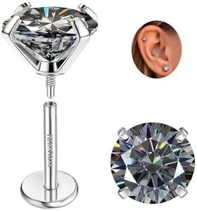 GEMQUEEN Moissanite Earrings Studs Flat Back Hypoallergenic : G23 Titanium Earring for Cartilage Internal Thread 18G Helix Tragus Conch Piercing Jewelry for Women Men Gray Moissanite 3CT