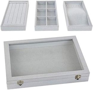 VIEFIN Jewelry Organizer Jewelry Box, Earring Organizer Ring Bracelet Holder Travel Jewelry Case, Velvet Stackable Necklace Dishes Display Trays Closet Storage- 3 in 1, Clear Lid, Grey
