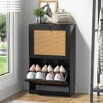 Anmytek Rattan Black Shoe Cabinet with 2 Flip Drawers, Narrow Shoe Storage Cabinet for Entryway Hallway, 2-Tier Shoe Organizer Entryway Cabinet Wooden Shoe Rack