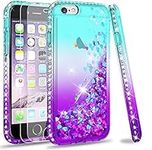 LeYi Case for iPhone 6 / iPhone 6S with Tempered Glass Screen Protector [2 pack],Girl Women 3D Glitter Liquid Cute Clear Silicone Gel Shockproof Phone Cover for iPhone 6 6S Blue Purple