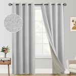 Yakamok White Linen Curtains 100% Blackout 96 Inches Long,Room Darkening Textured Curtains for Living Room Thermal Grommet Bedroom Curtains 2 Panels with Greyish White Liner