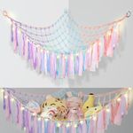 Stuffed Animal Net or Hammock with LED Light BestMal Boho Stuffed Animal Storage Net for Stuffed Animals Corner Plush Toy Storage Hammock Plushie Hanging Organizer Holder for Nursery Kids