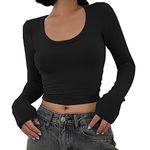 Women's Sexy Stretchy Crop Tops Scoop Neck Slim Fitted Long Sleeve Casual Basic T-Shirts Yoga Workout Cropped Shirts, Black, Medium