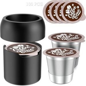 Reusable Coffee pods Refill Kit,1 Holder, 2 Stainless Steel Reusable K Cups,100 Pcs Aluminum Foil Seal Lids, Reusable K Cups for k eurig 2.0 and 1.0 Coffee Makers Machine