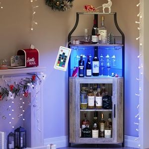Garvee Corner Bar Cabinet for Liquor Cabinet with Adjustable Shelves, 61 in Industrial Tall Bar Cabinet Freestanding Corner Wine Cabinet Rack with Mesh Door and Glass Holder for Kitchen