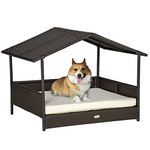 PawHut Elevated Rattan Dog House Outdoor with Canopy, Wicker Dog Bed with Water-Resistant Cushion, for Small and Medium Dogs, Dark Coffee