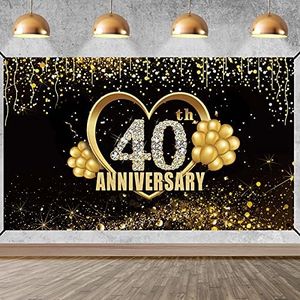 Happy 40th Anniversary Banner Backdrop Decorations, Large Wedding Background Sign Decor, Black Gold 40 Year Photography Photo Props Party Supplies