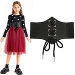 LEACOOLKEY Kids Black Elastic Stretch Wide Waist Belt for Dress Girls Fashion Halloween Cosplay Lace-up Waist Belt，Black