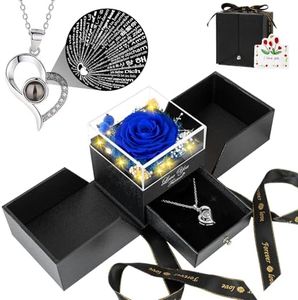 FOCIE Preserved Blue Real Rose with I Love You Necklace -Eternal Flowers Rose Gifts for Mom Grandma Wife Girlfriend Gifts for Her Christmas Birthday Anniversary