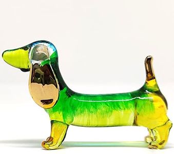 Sansukjai Dachshund Miniature Figurines Dog Animals Hand Painted Blown Glass Art Gold Trim Collectible Gift Decorate, Blue Green (Old)