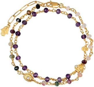 KARMA AND LUCK - Tranquil Voice - Women's Genuine Amethyst Rose Quartz Tourmaline Gemstones Triple Protection Wrap Bracelet. 18K Gold Plated Brass Charms (Evil Eye, Hamsa, and Om),14.5".