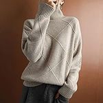 Women Oversize Cashmere Women's Turtleneck,Women's knitted ribbed pullover sweater (khaki,S)