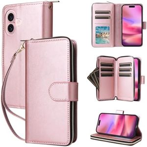 YocoverTech for iPhone 16 Case, for iPhone 16 Wallet Case[9 Card Slots+1 Cash Slot]PU Leather Stand Flip Zipper Wallet for iPhone 16[6.1 inch]-Rose Gold