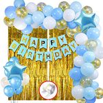 Party Propz Blue Happy Birthday Decoration Items Kit Combo Set Birthday Banner (cardstock) Golden Foil Curtain Metallic Confetti Balloons With Hand Balloon Pump And Glue Dot - 60 pieces