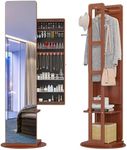 LVSOMT 360° Swivel Jewelry Armoire, Rotatable Full Length Mirror with Jewelry Storage, Standing Jewelry Cabinet with Coat Rack, Walnut, Soild Wood