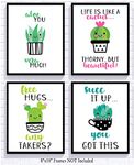 Adorable Cactus Succulent Uplifting Wall Art Decor Sayings (Set of Four) Prints Kawaii Cutesy Cheery