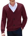 COOFANDY Men's Cardigan Sweater Cable Knit V Neck Button up Sweaters Ribbed Cardigan Sweater with Pockets, Wine Red, Large