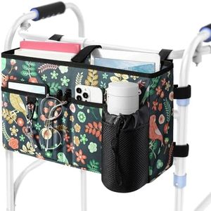 Rhino Valley Walker Bag, Multi Pockets Folding Walker Basket Tote Bag with Cup Holder, Hand-free Carry Pouch Storage Bag for Universal Walkers, Large Capacity Organizer for Seniors Elderly, Birds