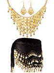 Hicarer Women Belly Dance Gypsy, Gold Hip Skirt Scarf Wrap Belt, Gold Necklace and Earrings Jewelry for Cosplay, 150 x 27 cm/ 59 x 10.6 inch, chiffon