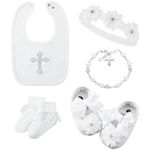 Bunnycool 5 Pcs Baptism Bib for Baby Girl white Christening Sock Shoes Headband Cross Charm Bracelet Baptism Outfits Gift, White, 6-12 Month
