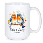 Personalized Bird Couple Coffee Cup for Dad & Mom - Couple Present - Boyfriend & Girlfriend Gift - Hubby & Wifey Ceramic Mug - Custom Name & Date Animal Lover Cup - White Porcelain Mug 11oz 15oz