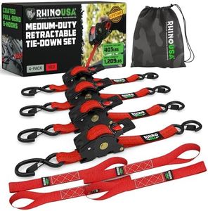 Rhino USA Retractable Ratchet Tie Down Straps (4PK) - 1,209lb Guaranteed Max Break Strength, Includes (4) Ultimate 1" x 10' Autoretract Tie Downs with Padded Handles. Use for Boat, Securing Cargo
