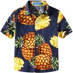 Big Boys Hawaiian Shirt, Kids Hawaiian Shirt, Boys Cotton Beach Shirt Tropical Short Sleeve Button Up Shirts (Medium, Navy Yellow)