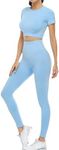 JOLLMONO 2 Piece Short Sleeve Outfits for Women Seamless Crop Tops Set for Women Workout Set(8005L-Light Blue)