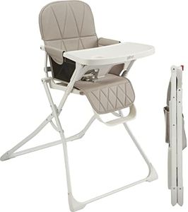 Primo PopUp Folding High Chair (for Baby Age 6 to 36 Months) Taupe Folding Beach Chair Style High Chair with Removable Dishwasher Safe Tray, 3pt Safety Harness, Leatherette Seat – Space Saving Design