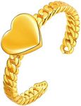 ChicSilver 14K Gold Plated Sterling Silver Dainty Simple Heart Ring High Polished Cuban Link Chain Ring Eternity Wedding Band Adjustable Opening Finger Ring for Women Men