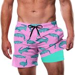 Cozople Swim Trunks for Men's Swim Shorts with Boxer Brief Lined Quick Dry Bathing Suit Funny Crocodile Printed No Chafing Beach Board Shorts Purple M