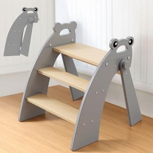 Wooden 3 Step Stool for Toddlers, Step Stool for Kids Bathroom Sink, Foldable Non Slip Kids Toilet Potty Training Stool with Handles for Nursery Bedroom, Child Kitchen Counter Stool Helper, Grey