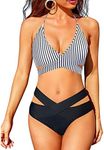 Holipick Two Piece Bikini Sets for Women High Waisted Bikini Push Up Swimsuit Halter Wrap Criss Cross Bathing Suit, Black Stripe, Medium