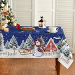 Horaldaily Christmas Tablecloth 60×120 Inch Rectangular, Winter Snowman House Christmas Trees Blue Washable Table Cover for Party Picnic Dinner Decor