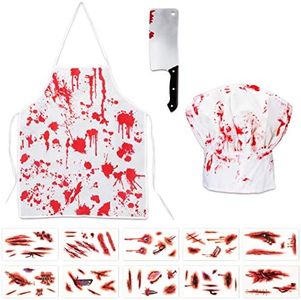 Halloween Bloody Butcher Costumes Scary Set - Cooking Chef Apron Hat Weapon Knife Zombie Party Accessories Decorations 3PCS Red,White